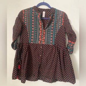 Mesmeriical Top Womens M Black Orange Bohemium Geometric 3/4 Sleeve 100% Cotton